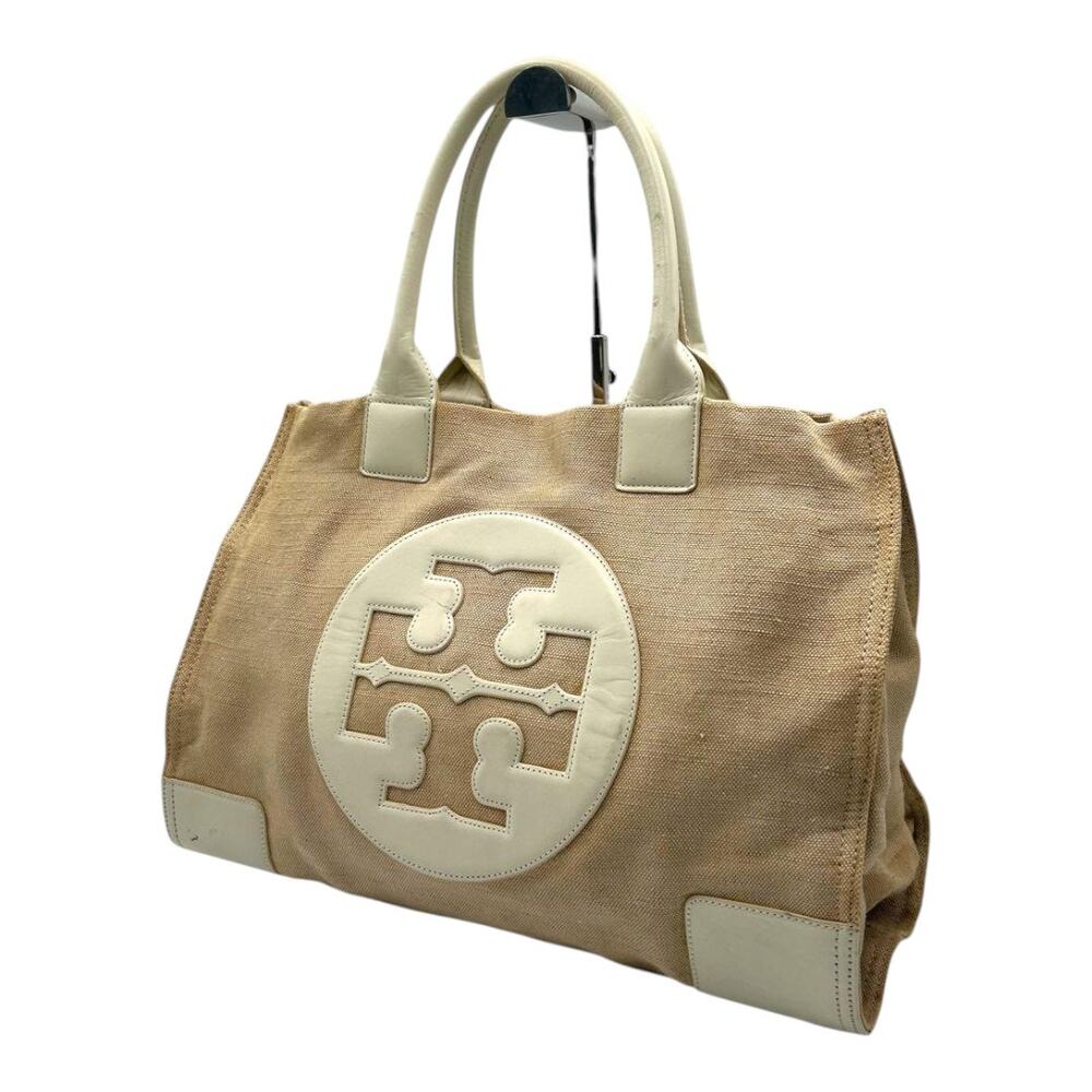 Tory Burch Ella Canvas Tote – Beige & Ivory Leather Oversized Logo